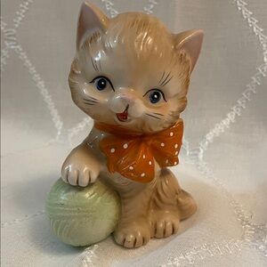 Vintage Japan Ceramic Charming Tan Cat Figurine with Orange Bow
